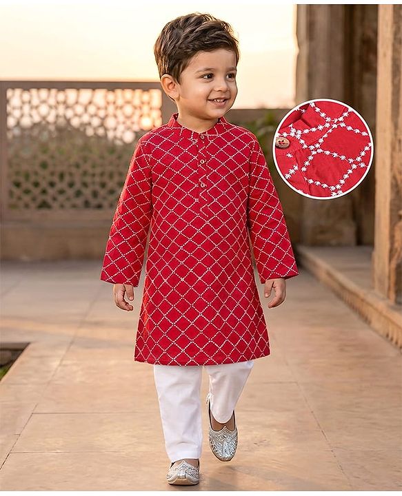 Babyhug Full Sleeves Cotton Woven Kurta with Embriodery and Payjama Set - Red
