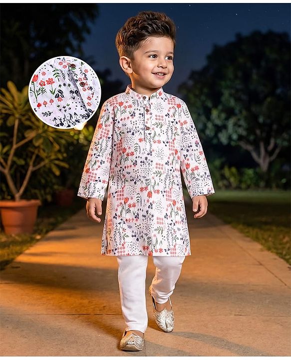 Babyhug Full Sleeves Cotton Woven Kurta with Floral Print and Payjama Set - White