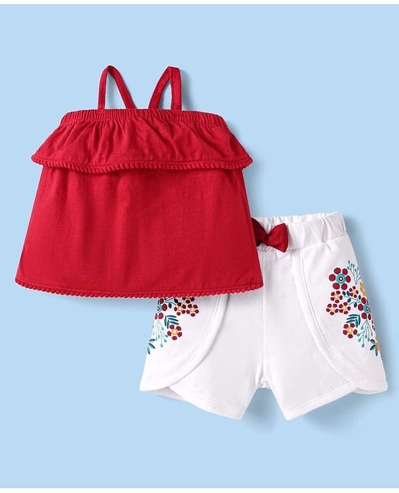 Babyhug 100% Cotton Single Jersey Knit Singlet Off Shoulder Sleeves Solid Top & Shorts Set With Floral Embroidery & Bow Applique - Red & White