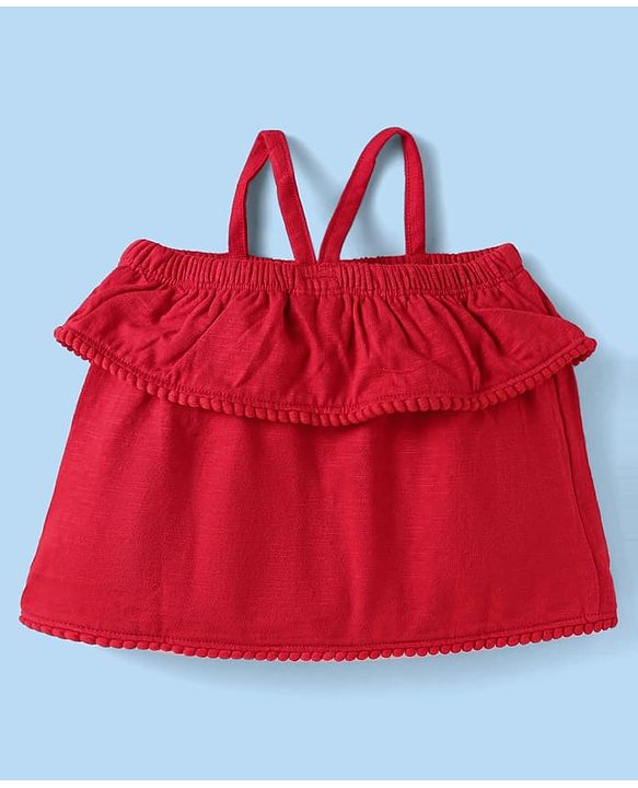 Babyhug 100% Cotton Single Jersey Knit Singlet Off Shoulder Sleeves Solid Top & Shorts Set With Floral Embroidery & Bow Applique - Red & White