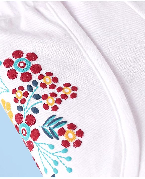 Babyhug 100% Cotton Single Jersey Knit Singlet Off Shoulder Sleeves Solid Top & Shorts Set With Floral Embroidery & Bow Applique - Red & White