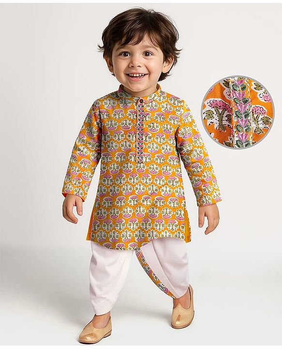 Babyhug Cotton Woven Full Sleeves Floral Printed Kurta Dhorti Set - Orange & White