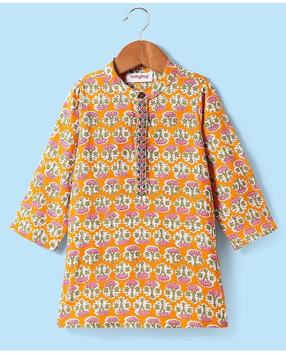 Babyhug Cotton Woven Full Sleeves Floral Printed Kurta Dhorti Set - Orange & White