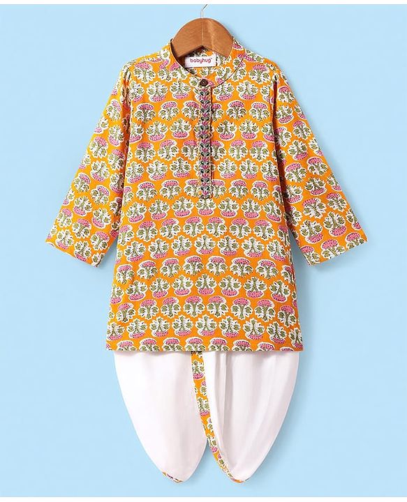 Babyhug Cotton Woven Full Sleeves Floral Printed Kurta Dhorti Set - Orange & White