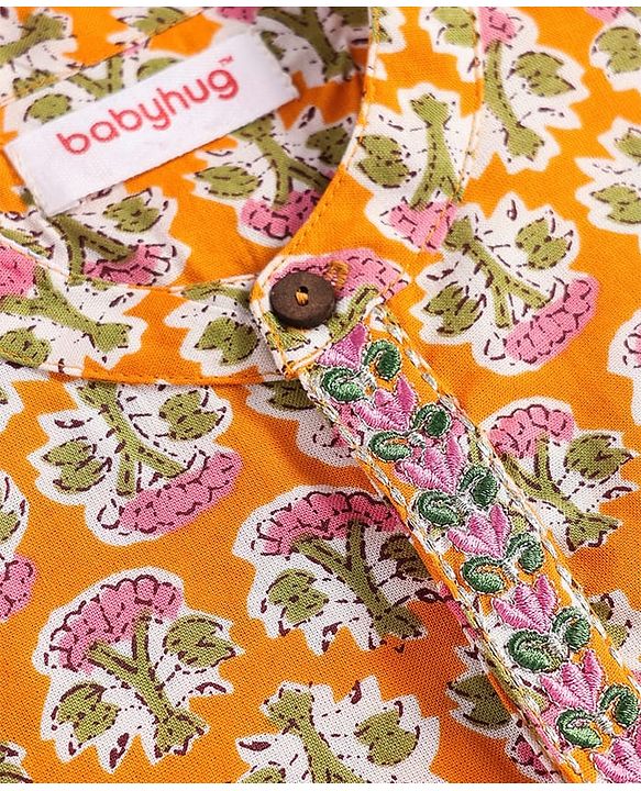 Babyhug Cotton Woven Full Sleeves Floral Printed Kurta Dhorti Set - Orange & White