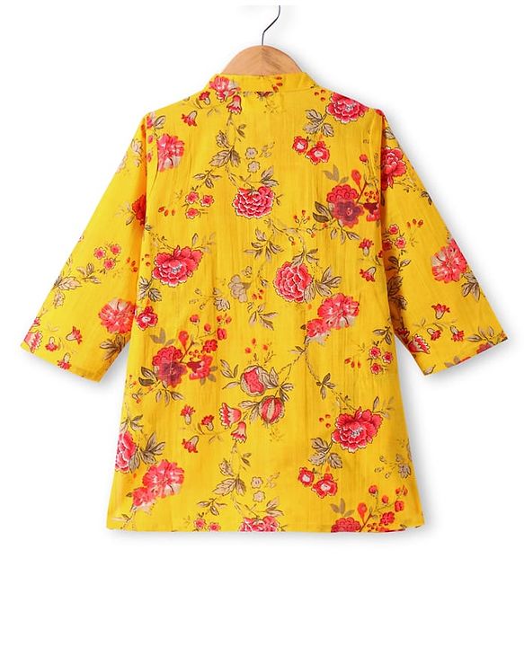 Babyhug Cambric Woven Full Sleeves Kurta Dhoti Set With Floral Print - Yellow