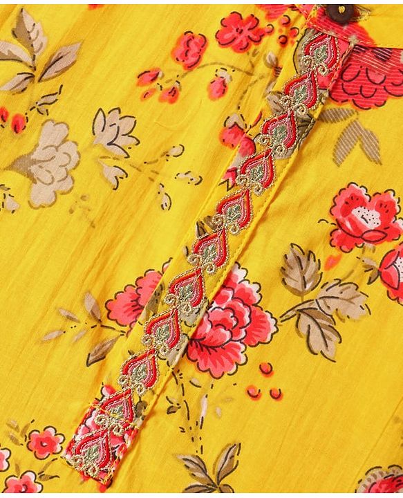 Babyhug Cambric Woven Full Sleeves Kurta Dhoti Set With Floral Print - Yellow