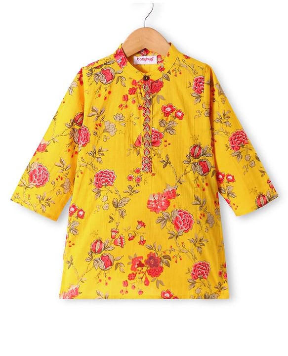 Babyhug Cambric Woven Full Sleeves Kurta Dhoti Set With Floral Print - Yellow