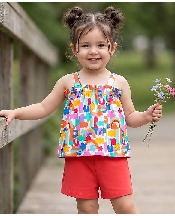 Babyhug Single Jersey Knit Sleeveless Top & Shorts Set with Floral Print - White & Red