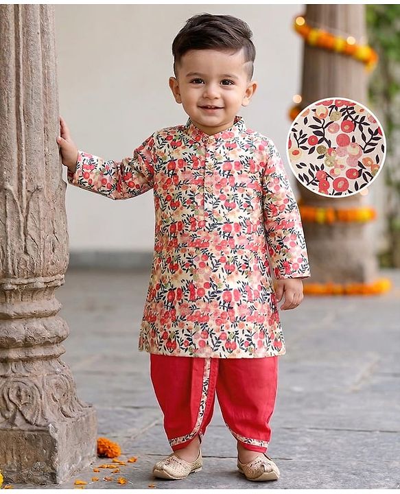 Babyhug Cambric Full Sleeves Kurta Dhoti Set With Floral Print - Beige