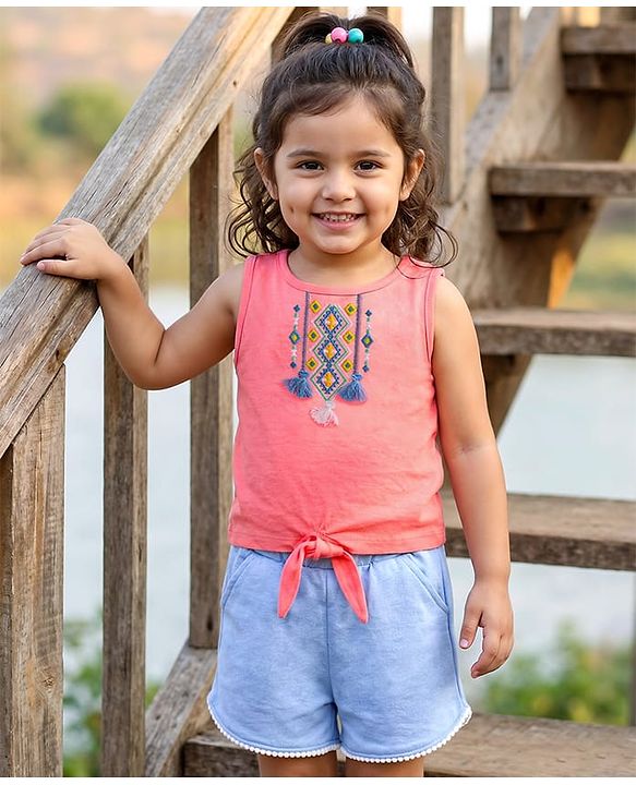 Babyhug Single Jersey Knit Sleeveless Embroidered Top & Shorts Set - Pink & Blue