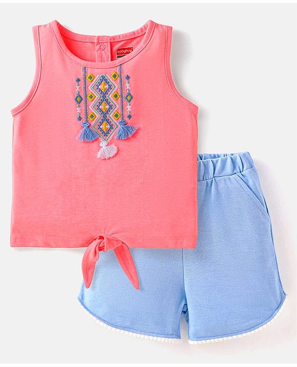 Babyhug Single Jersey Knit Sleeveless Embroidered Top & Shorts Set - Pink & Blue