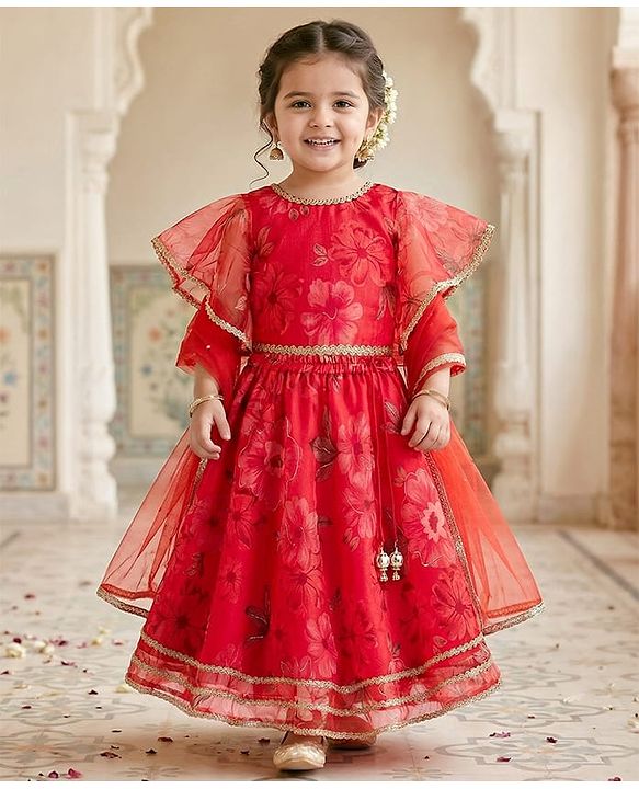 Babyhug Woven Floral Printed Flutter Sleeves Choli Lehenga Set with Floral Print & Lace Detailing & Dupatta - Orange