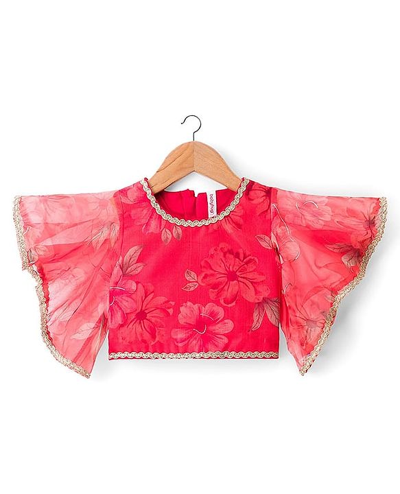Babyhug Woven Floral Printed Flutter Sleeves Choli Lehenga Set with Floral Print & Lace Detailing & Dupatta - Orange
