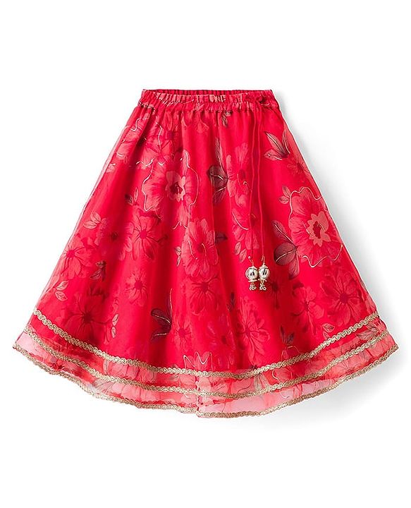 Babyhug Woven Floral Printed Flutter Sleeves Choli Lehenga Set with Floral Print & Lace Detailing & Dupatta - Orange