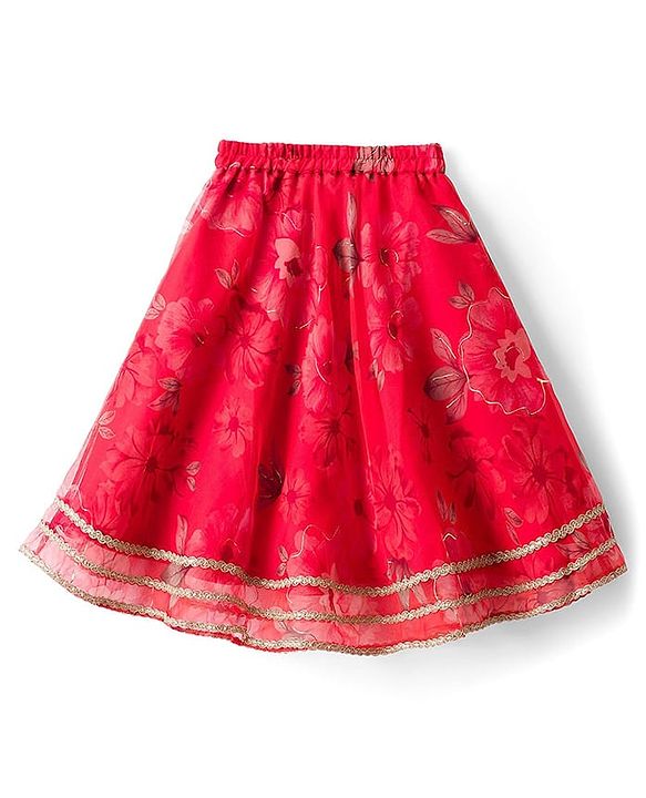 Babyhug Woven Floral Printed Flutter Sleeves Choli Lehenga Set with Floral Print & Lace Detailing & Dupatta - Orange
