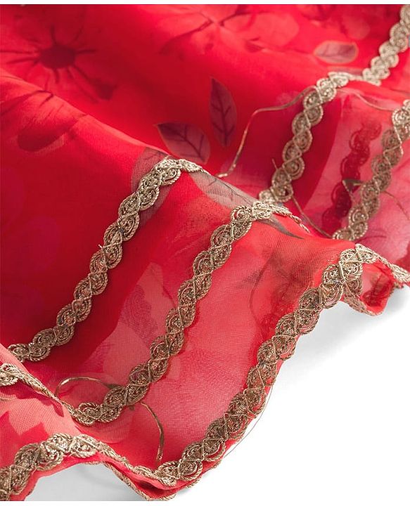Babyhug Woven Floral Printed Flutter Sleeves Choli Lehenga Set with Floral Print & Lace Detailing & Dupatta - Orange