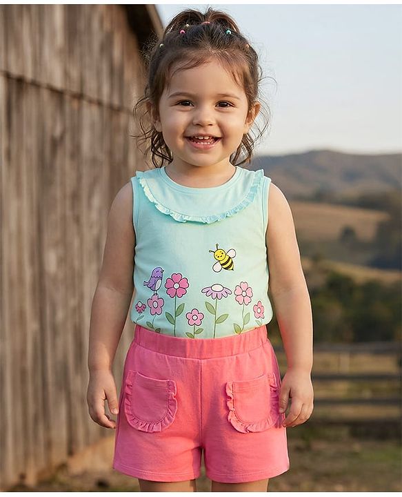 Babyhug Single Jersey Knit Sleeveless Floral Printed Top & Short - Pink