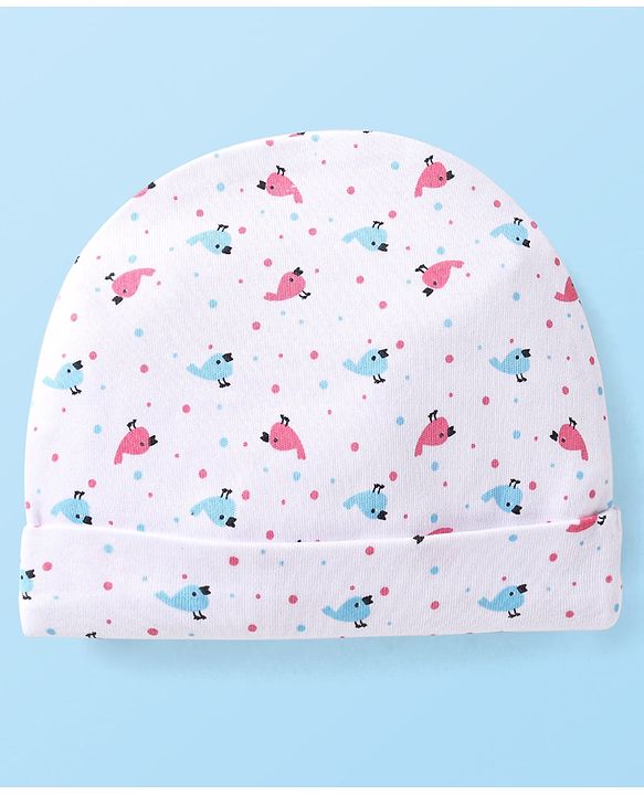 Babyhug Interlock Knit Cap With Bird & Polka Dot Print & Bow Applique - White