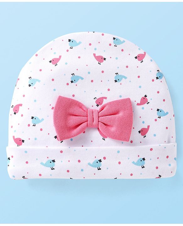 Babyhug Interlock Knit Cap With Bird & Polka Dot Print & Bow Applique - White