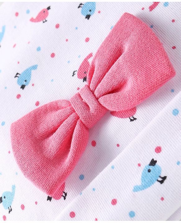 Babyhug Interlock Knit Cap With Bird & Polka Dot Print & Bow Applique - White
