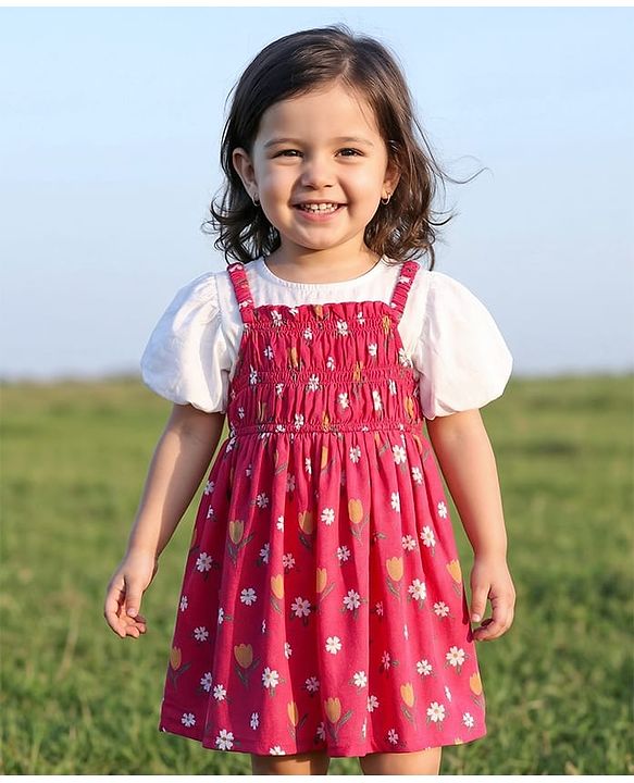 Babyhug Rayon Woven Half Puffed Sleeves Frock With Floral Print - Red & White