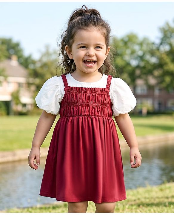 Babyhug Cotton Woven Half Puffed Sleeves Solid Colour Frock - Maroon