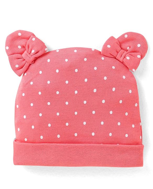 Babyhug Interlock Knit Cap With Ear Applique & Polka Dot Print - Pink