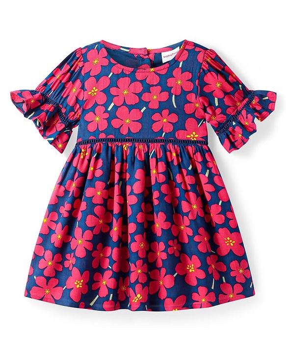Babyhug Rayon Woven Half Sleeves Frock with Floral Print - Blue & Dark Pink