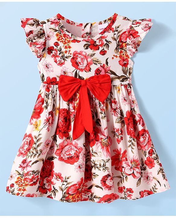 Babyhug Rayon Woven Frill Sleeves Floral Printed Frock with Bow Applique - Red