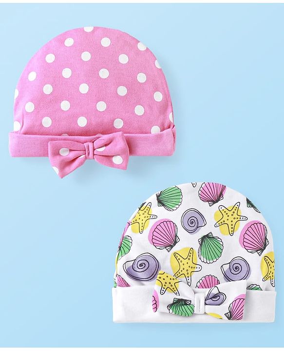 Babyhug 100% Cotton Knit Tie Knot Cap Beach Theme & Polka Dot Print Pack of 2 - Pink & White