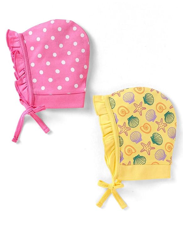 Babyhug Interlock Knit Caps with Polka Dots & Sea Life Print Pack of 2 - Pink & Yellow