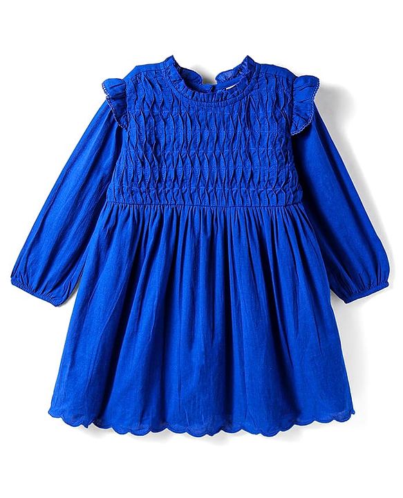 Babyhug Cotton Woven Full Sleeves Solid Colour Frock - Blue