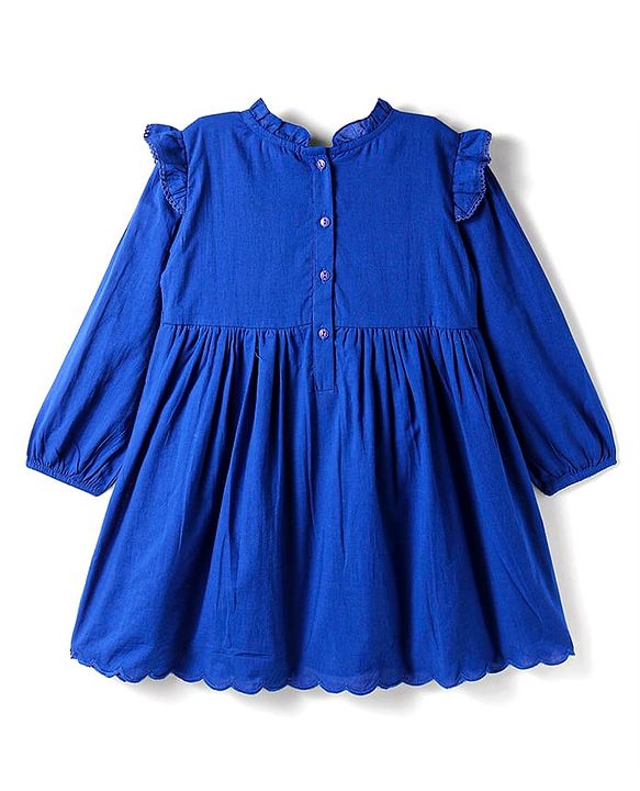 Babyhug Cotton Woven Full Sleeves Solid Colour Frock - Blue