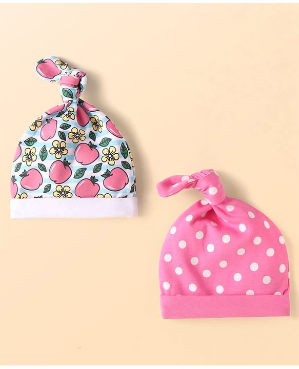 Babyhug Interlock Knit Caps with Floral Print & Polka Dots Pack of 2 - Pink & White - Diameter 9.5