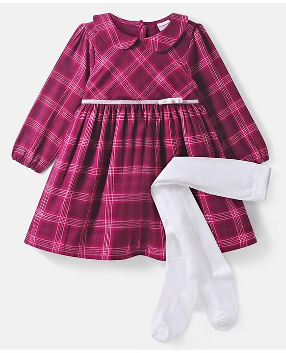 Babyhug Cotton Woven Full Sleeves Checks Frock With Peter Pan Collar & Stockings - Maroon
