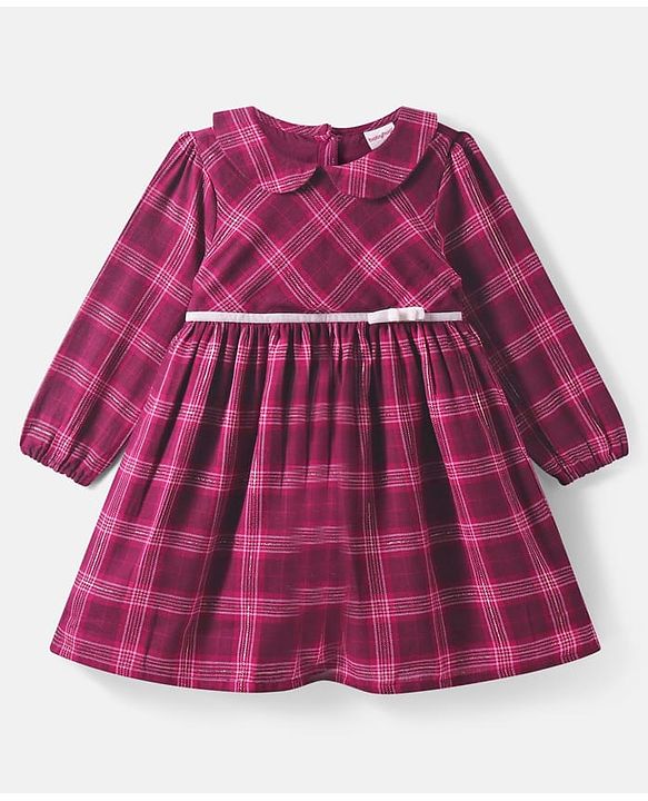 Babyhug Cotton Woven Full Sleeves Checks Frock With Peter Pan Collar & Stockings - Maroon