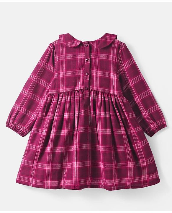 Babyhug Cotton Woven Full Sleeves Checks Frock With Peter Pan Collar & Stockings - Maroon