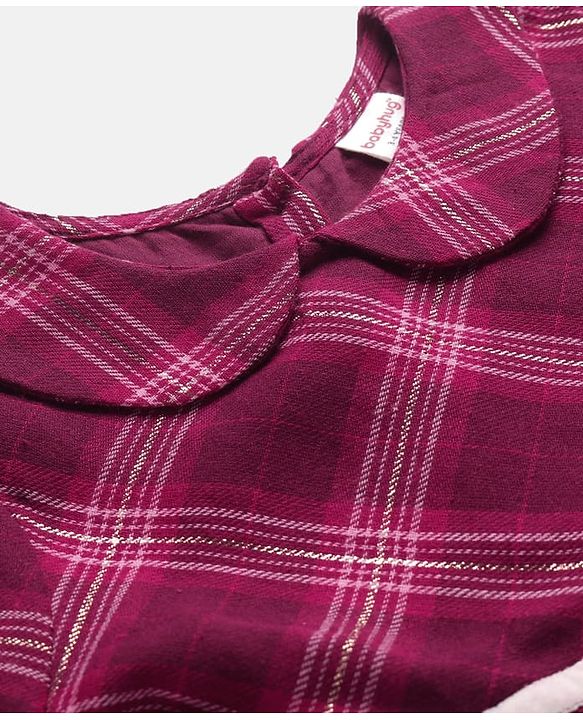 Babyhug Cotton Woven Full Sleeves Checks Frock With Peter Pan Collar & Stockings - Maroon