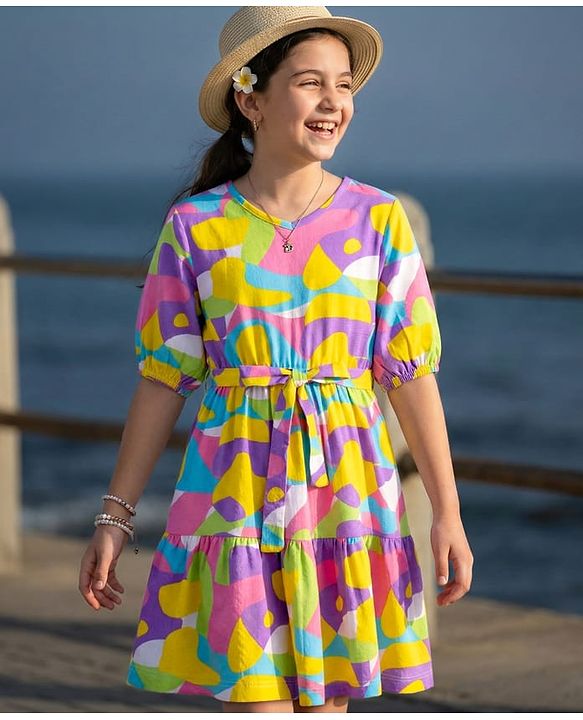 Pine Kids Cotton Knit Half Puffed Sleeves Frock with Abstract Print - White