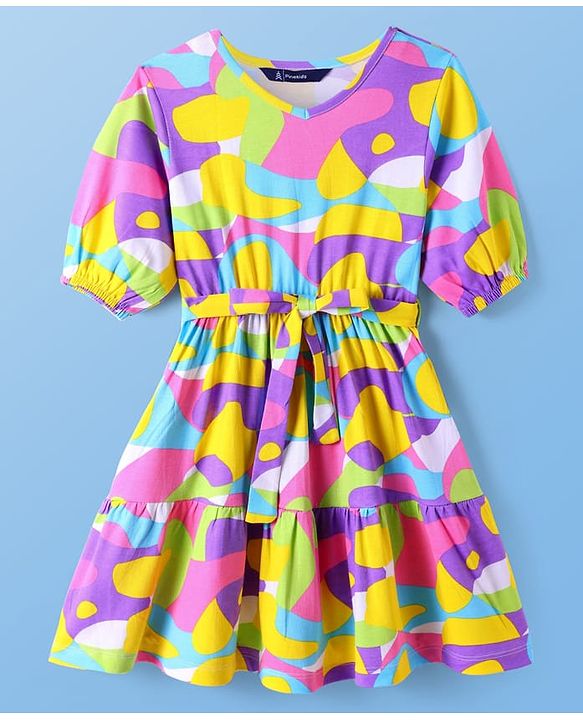 Pine Kids Cotton Knit Half Puffed Sleeves Frock with Abstract Print - White