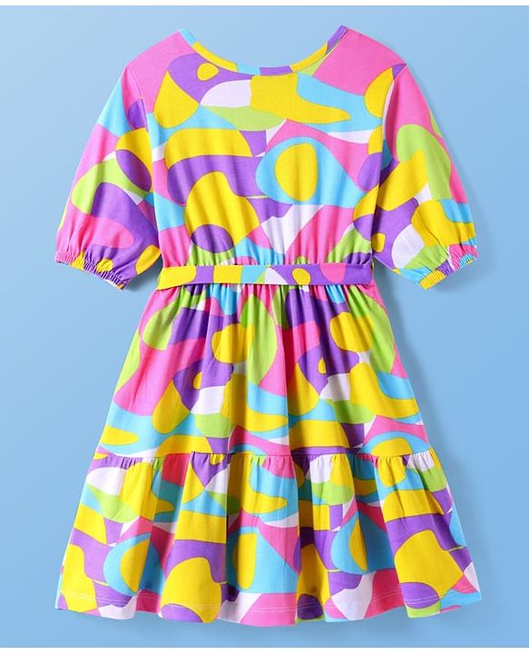 Pine Kids Cotton Knit Half Puffed Sleeves Frock with Abstract Print - White