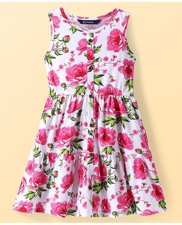 Pine Kids Cotton Knit Sleeveless A-Line Frock with Floral Print - Dark Pink
