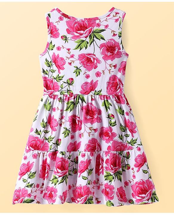 Pine Kids Cotton Knit Sleeveless A-Line Frock with Floral Print - Dark Pink