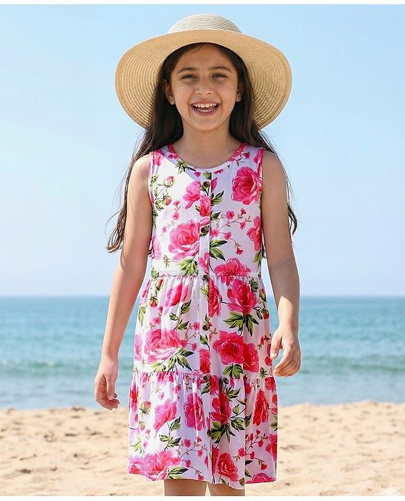 Pine Kids Cotton Knit Sleeveless A-Line Frock with Floral Print - Dark Pink