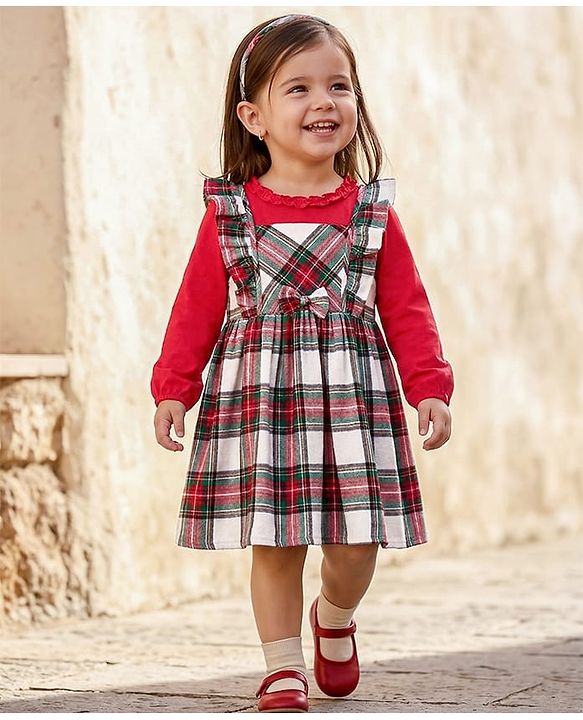 Babyhug Cotton Woven Checkered Frock With Full Sleeves Solid Colour Inner Tee - Green & Red