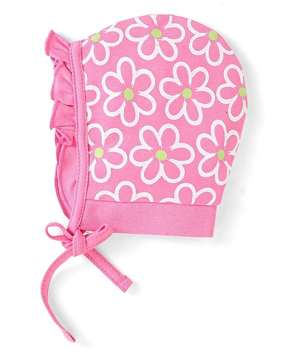 Babyhug 100% Cotton Knit Tie Knot Bonnet Cap Floral & Polka Dot Print Pack of 2 - Pink & Light Green