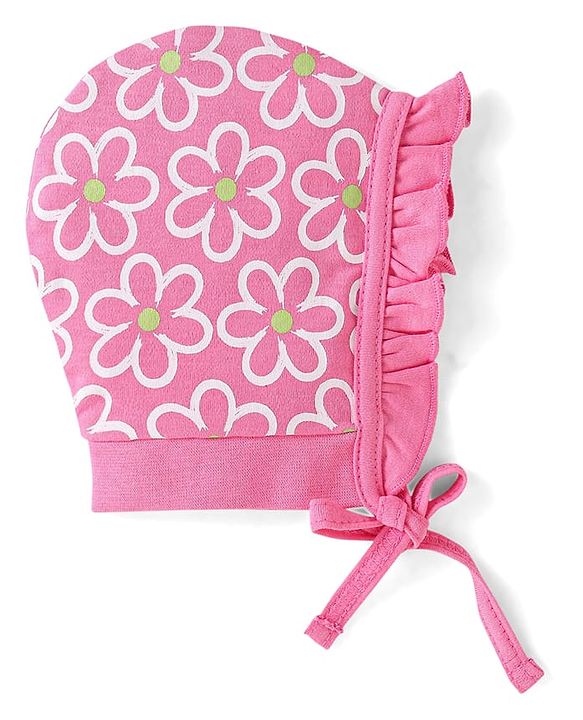 Babyhug 100% Cotton Knit Tie Knot Bonnet Cap Floral & Polka Dot Print Pack of 2 - Pink & Light Green