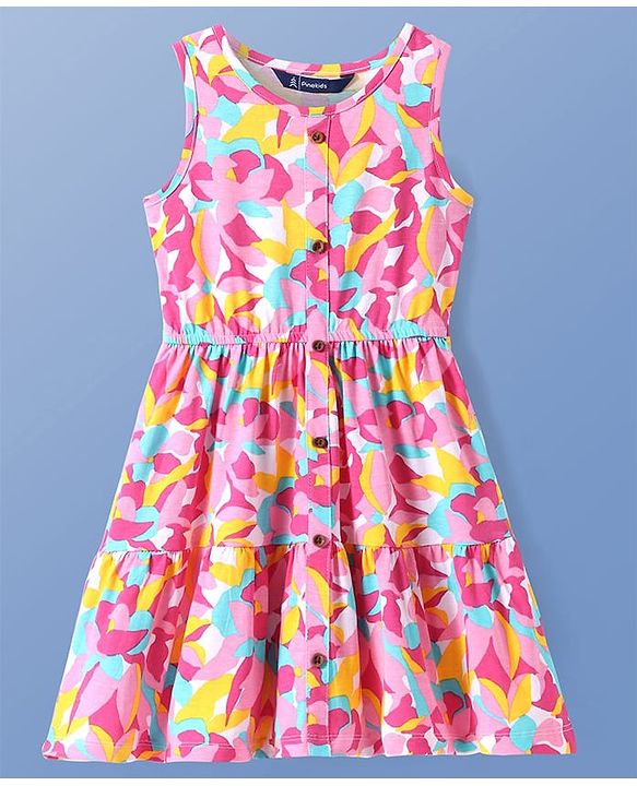 Pine Kids Cotton Knit Sleeveless A-Line Frock with Abstract Print - Dark Pink & Yellow