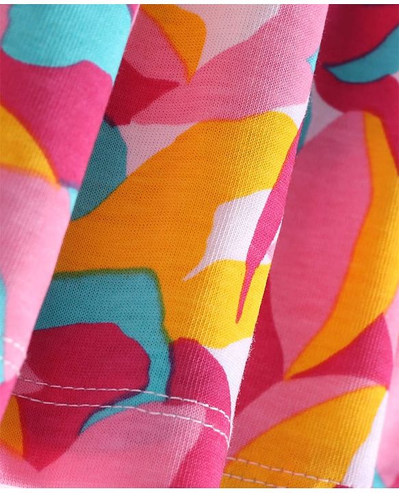 Pine Kids Cotton Knit Sleeveless A-Line Frock with Abstract Print - Dark Pink & Yellow